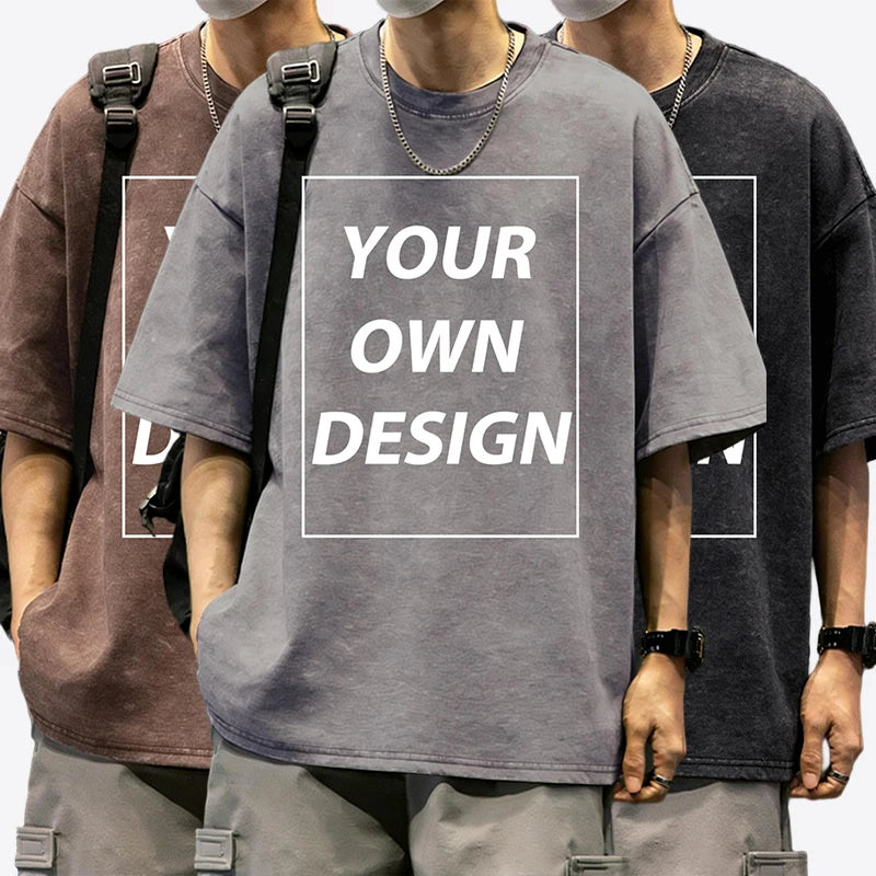 Mens Summer Personalized Pattern Custom Cotton Retro T-Shirts Korean Street Trendy Short Sleeve Breathable Daily Office Team Tee