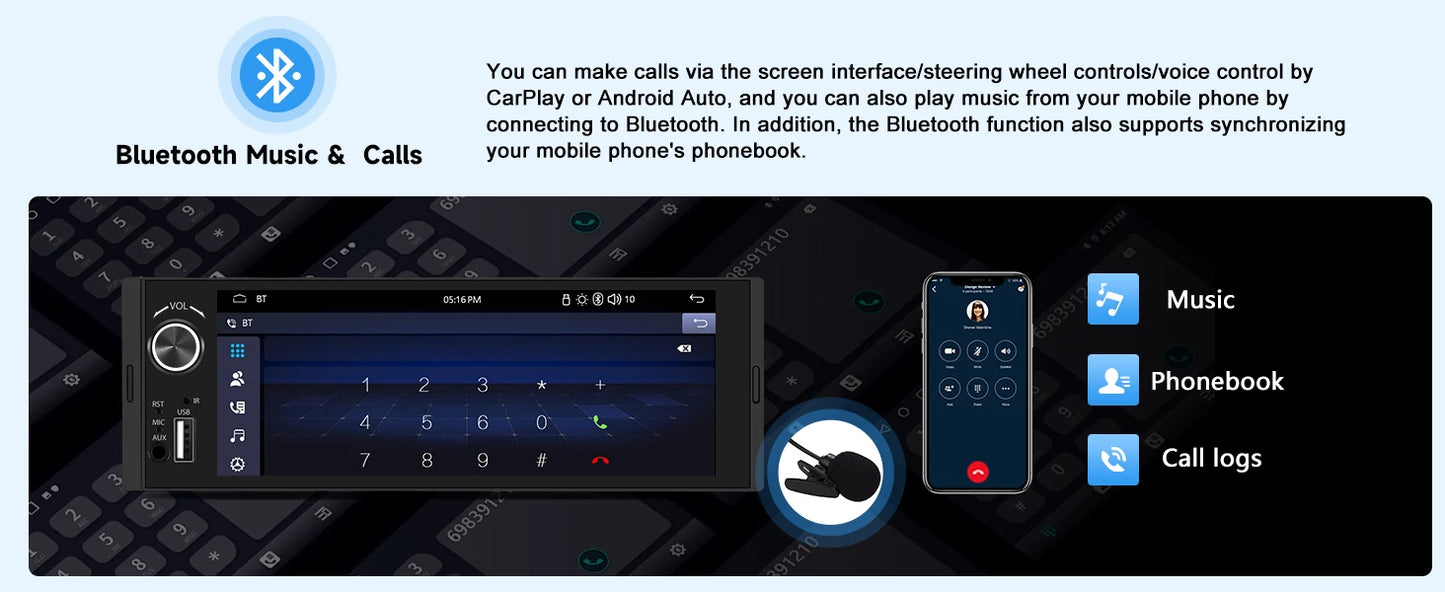 1DIN 6.86inch Universal MP5 Car Radio Support Wireless Carplay Android AUTO AUX USB BT Touch Screen Multimedia Video Player