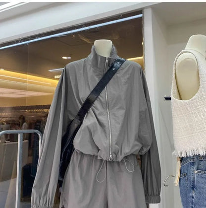 Summer Lightweight Casual Sportswear Set for Women with Stand Collar Drawstring Jacket And Wide Leg Shorts Two Piece Suit