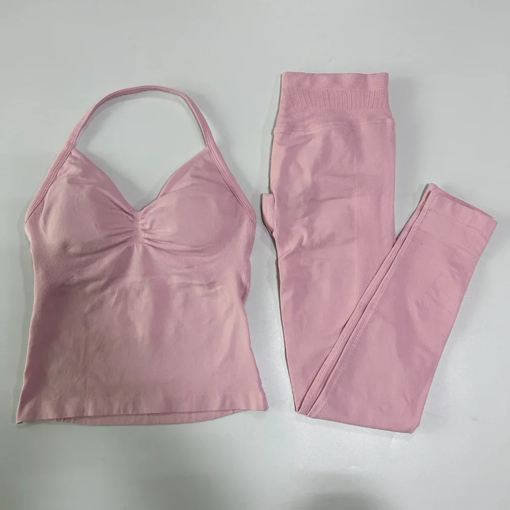 2 Pieces Sports Set Women Backless Tank Yoga Tops High Waist Scrunch Seamless Shorts Sport Gym Set Sportswear Workout Set