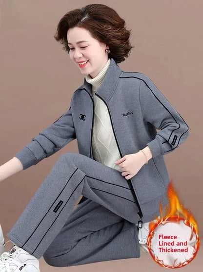 Thickened Fleece Lined Casual Sportswear Set for Middle-Aged Women Autumn Winter Two-Piece Suit Loose Fit Long Pants Zipper C...