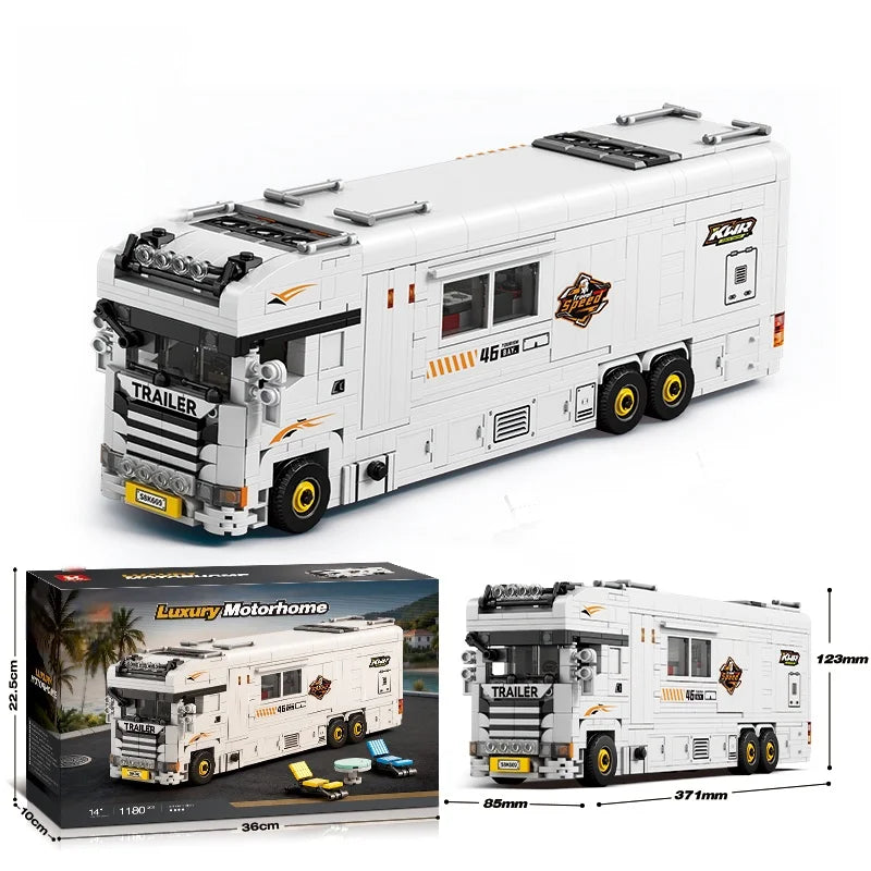 New heavy-duty truck building block sets in various styles, including containers, tank trucks, cranes, and RV vehicle constructi