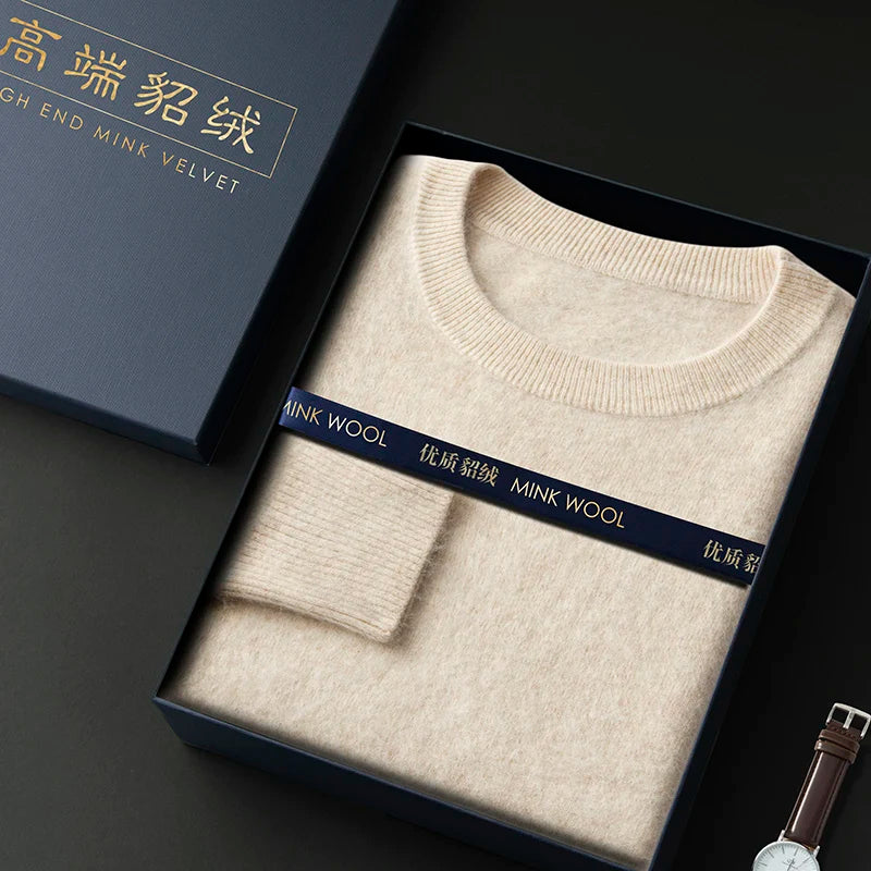 100% Pure Mink Cashmere Men's Round Neck Sweater For Autumn Winter, Casual Knitted Long Sleeved Pullover Sweater Men's Clothng