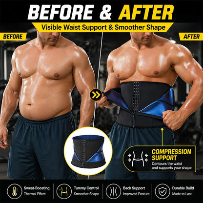 Men Waist Trainer Sauna Sweat Belt Stomach Shaper for Weight Loss with Hooks and Zipper Workout Fat Burning Waist Trimmer Belt