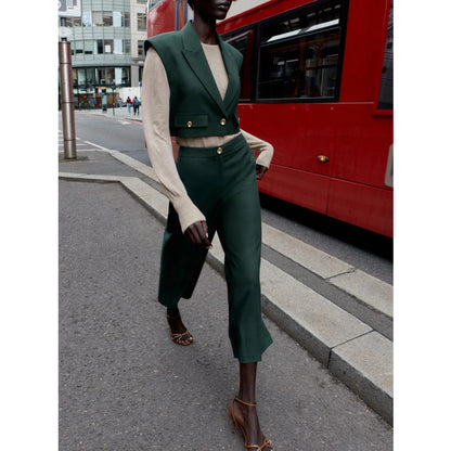 High Waist Wide Leg Pants Zipper Decoration Short Sleeve Turn-down Collar Single Pocket Decoration Fashion Set for Women