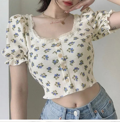 Floral Print Square Neck Short Sleeve Slim Fit T-Shirt Women's Summer 2026 New Bubble Sleeve Belly Baring Trendy Top