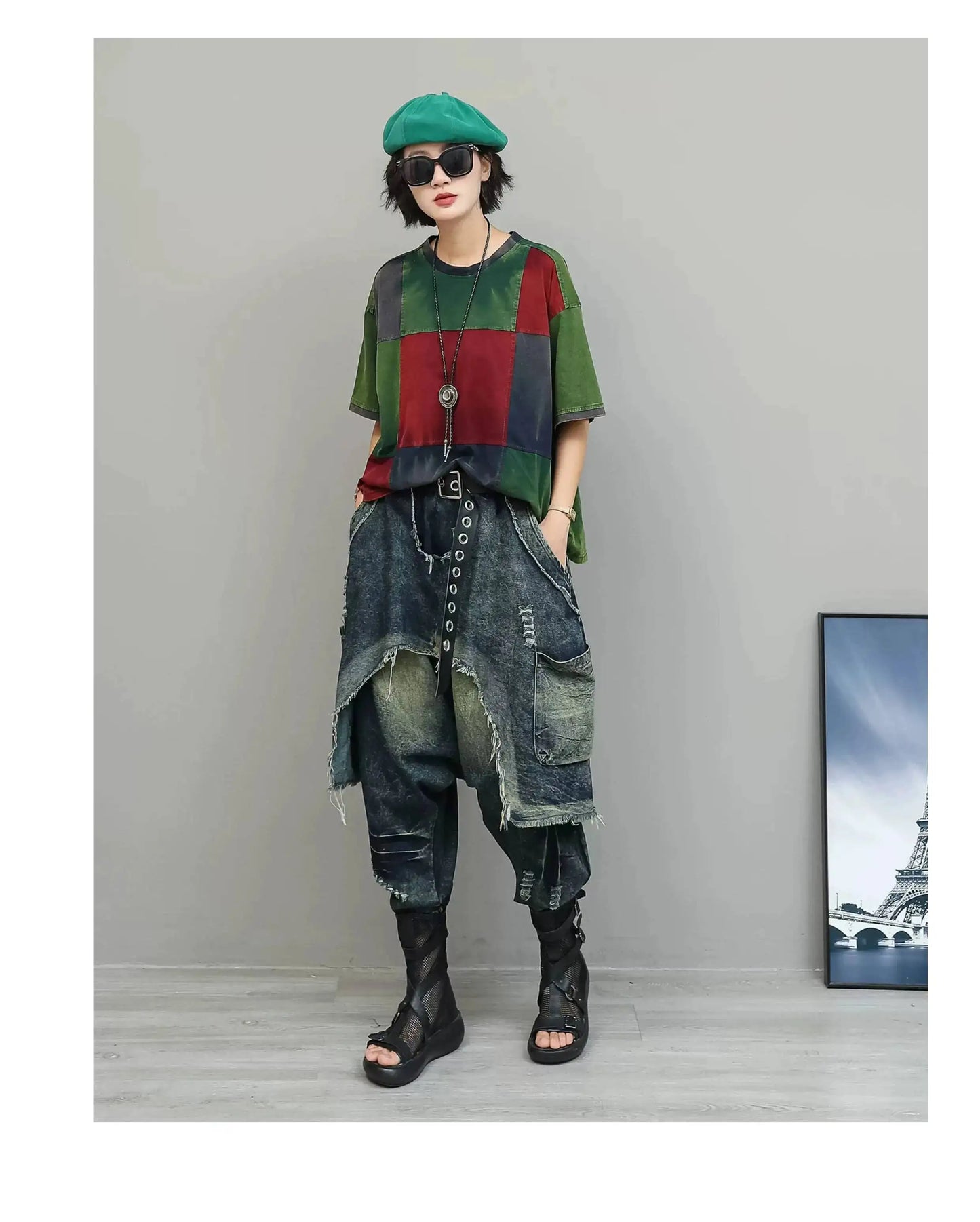Color-blocked Suit Women Short-sleeve T-shirt + Loose Faux Two-piece Denim Drop-crotch Pants Two Piece Set Summer XY311