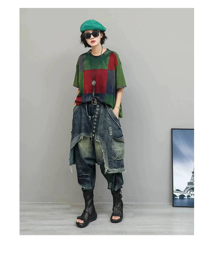 Color-blocked Suit Women Short-sleeve T-shirt + Loose Faux Two-piece Denim Drop-crotch Pants Two Piece Set Summer XY311