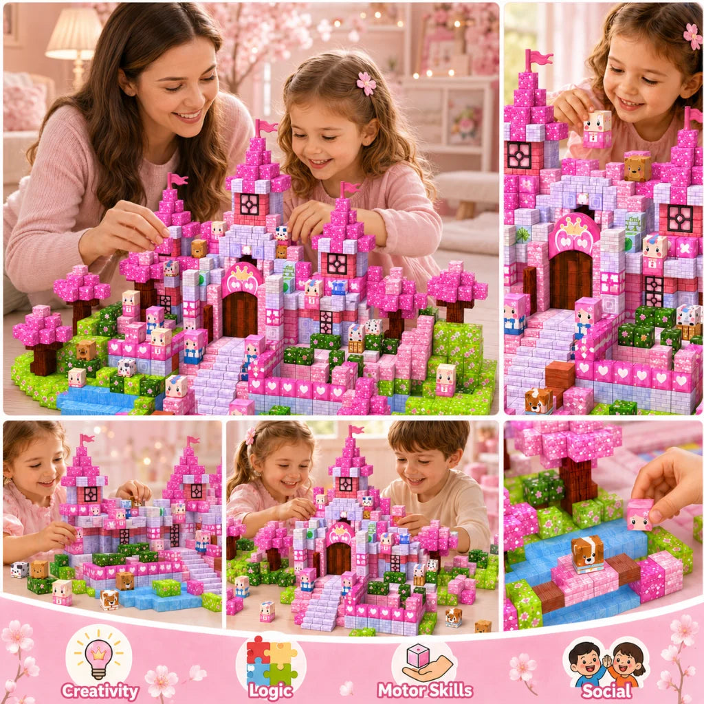 Magnetic Building Blocks Magnet World Pink Blossom with 10 Mystery Gift Brick Cube STEM Toy Set Best Gift for Boy Girl Children