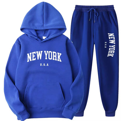 New York Print Hoodies Casual American Style Hoodie Set Mens Autumn Long Sleeves Hooded Loose Pullover Street Sweatshirt