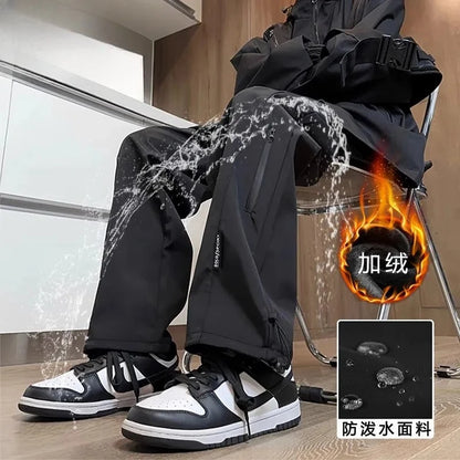 Men's Thickened Fleece Lined Waterproof Windproof Outdoor Work Trousers Autumn Winter Straight Leg Casual Pants Polyester Fiber