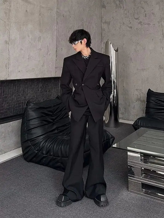 Cleanfit Tailored Shoulder Pad Men's Suit Jacket Casual British Style Slim Fit Waist Cinching Coat  Hair Stylist Tren...