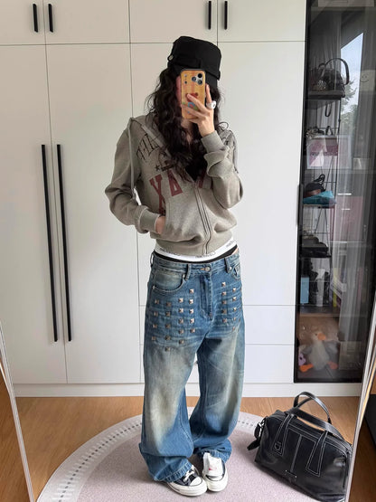 Retro American Washed Square Rivet Straight Leg Jeans Unisex Vintage  Drag Casual Loose Fit Jeans Cotton Polyester Blend