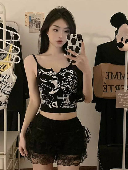 Sexy Y2K Spicy Girl  Strap Vest Women Summer American Short Print Sleeveless Top Inner Wear Commute Style Slim Fit