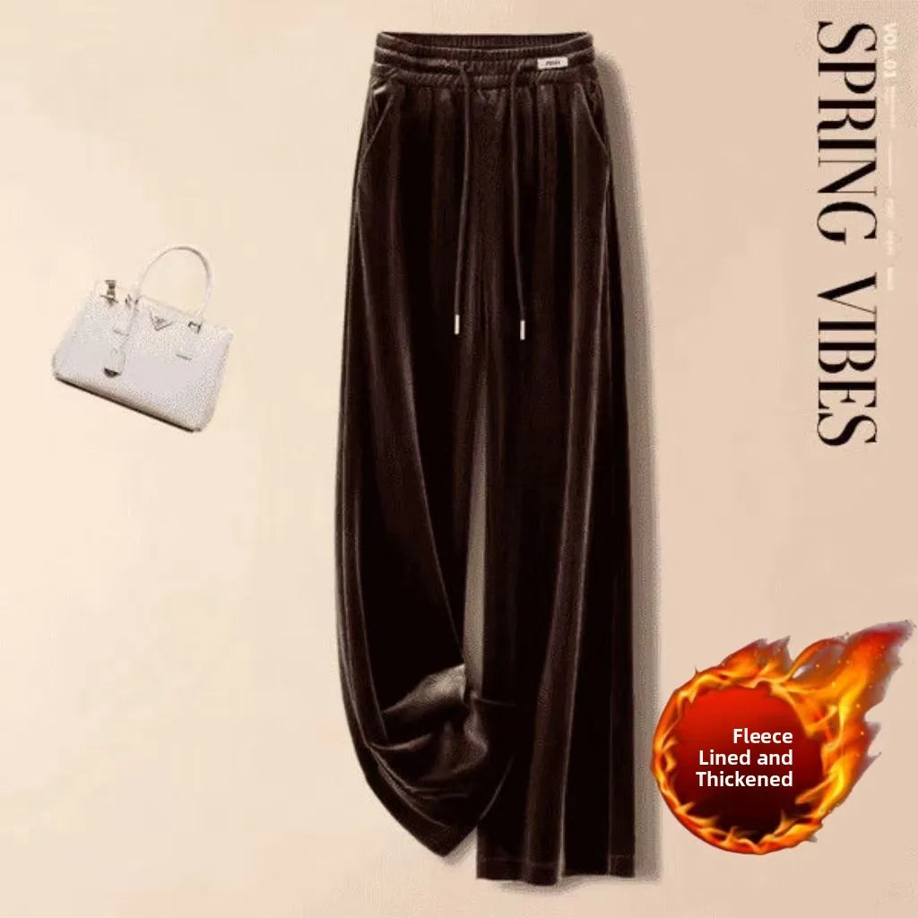 Fashionable Gold Velvet Wide Leg Pants Women's Winter Loose Slimming High Waist Fleece Casual Straight Long Trousers
