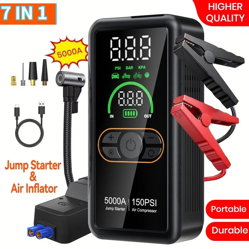 Jump Starter with Air Compressor, 150 PSI Car Air Compressor & 5000A Peak Car Jump Starter with LED Light, Power Bank Function.