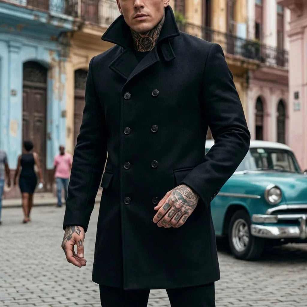 New Winter Men's Wool Blends Double-Breasted Knee-Length Trench Coat - Windproof Casual Street Long-Length Outerwear for Men