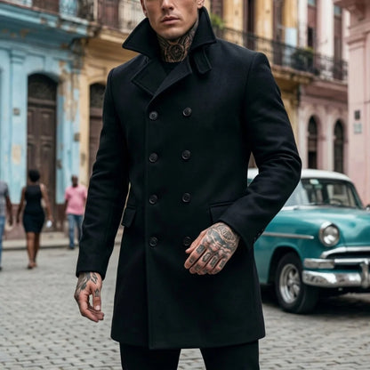 New Winter Men's Wool Blends Double-Breasted Knee-Length Trench Coat - Windproof Casual Street Long-Length Outerwear for Men