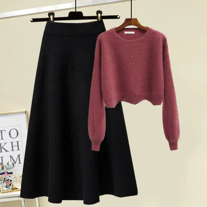 plus Size Women's Autumn Winter Knitted Sweater White Half-length Skirt Two-piece Set Slimming Concealing Anti-aging