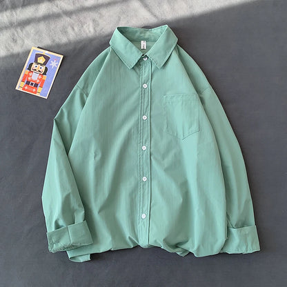 Loose Long Sleeve Pure Color Shirt Women's Basic Style Retro Korean Hong Kong Style Casual Outerwear for Couples Student Fashion