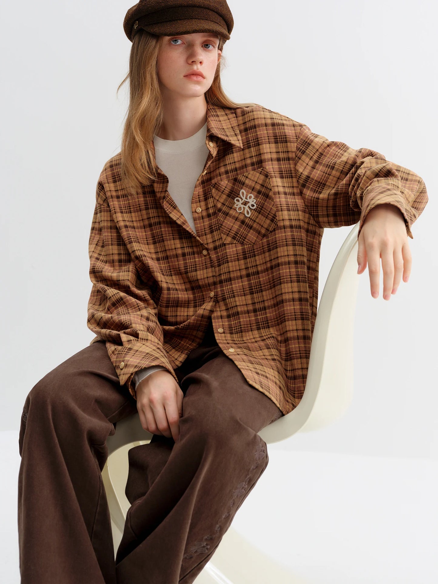 FSLE Brushed Plaid Shirt Women's Winter 2025 New Long Sleeve Plaid Retro Embroidery Shirt Classic Leisure Loose Tops