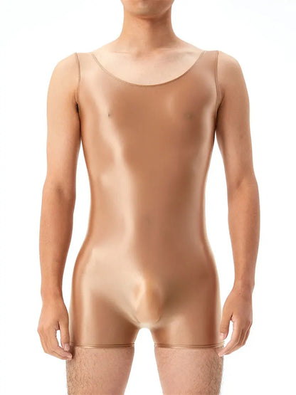 Oil Shiny Glossy Bodysuits Seamless Front Pouch Tights Body Man Sexy Transparent Waist Shapers Men Playsuit Sleeveless Bodysuit