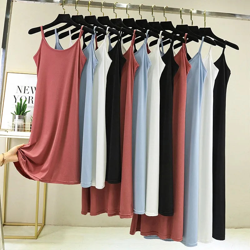 Summer Thin Ice Silk A-Line Dress Women's Casual Long Gown Inner Wear Vest Dress plus Size Korean Style Loose Waist Design