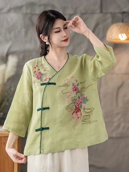 New 2025 Women's Linen Shirt V-Neck Side Button Chinese Style Loose Top National Style Floral Embroidery Thin Summer Fashion