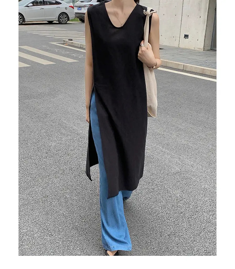 Simple Style Mid-Length V-Neck Women's Dress Knee-Covering Summer Cotton Linen A-Line Skirt Casual City Walk Dress