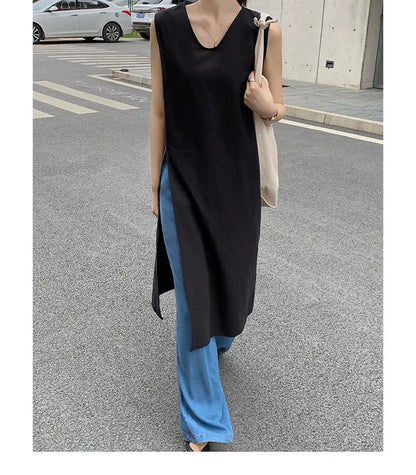 Simple Style Mid-Length V-Neck Women's Dress Knee-Covering Summer Cotton Linen A-Line Skirt Casual City Walk Dress