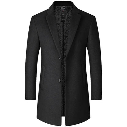 2026 New Middle-Age Men's Smooth Woolen Coat - Autumn Winter Mid-Length Casual Cold-Resistant Outerwear