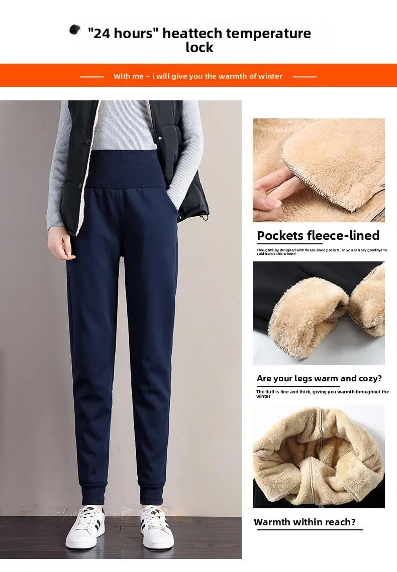 plus Size Fleece Lined Thickened Lamb Velvet Casual Slim Fit Pants Winter New Loose Warm Slimming Straight Leg Sweatpants