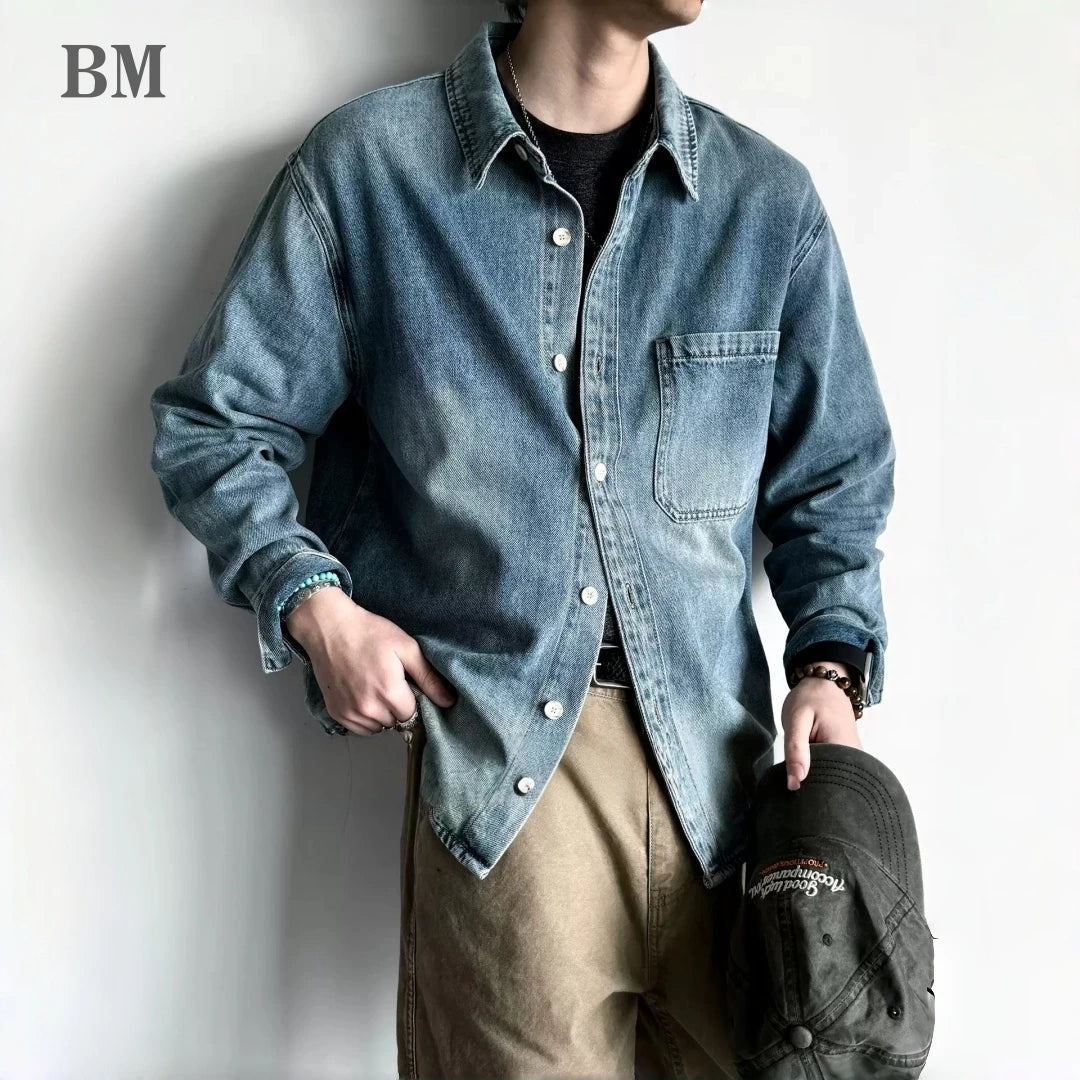 American Vintage Washed Distressed Denim Shirt Mens Plus Size Long Sleeve Spring Fall Casual Premium Trendy Classic Blue Tops