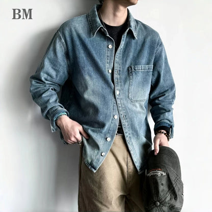 American Vintage Washed Distressed Denim Shirt Mens Plus Size Long Sleeve Spring Fall Casual Premium Trendy Classic Blue Tops