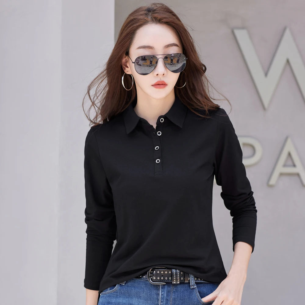 Autumn New In Basic T Shirt Long Sleeve Cotton Plus Size Cotton Polo T- Shirt Women Button Casual Office Lady Formal Women Tops