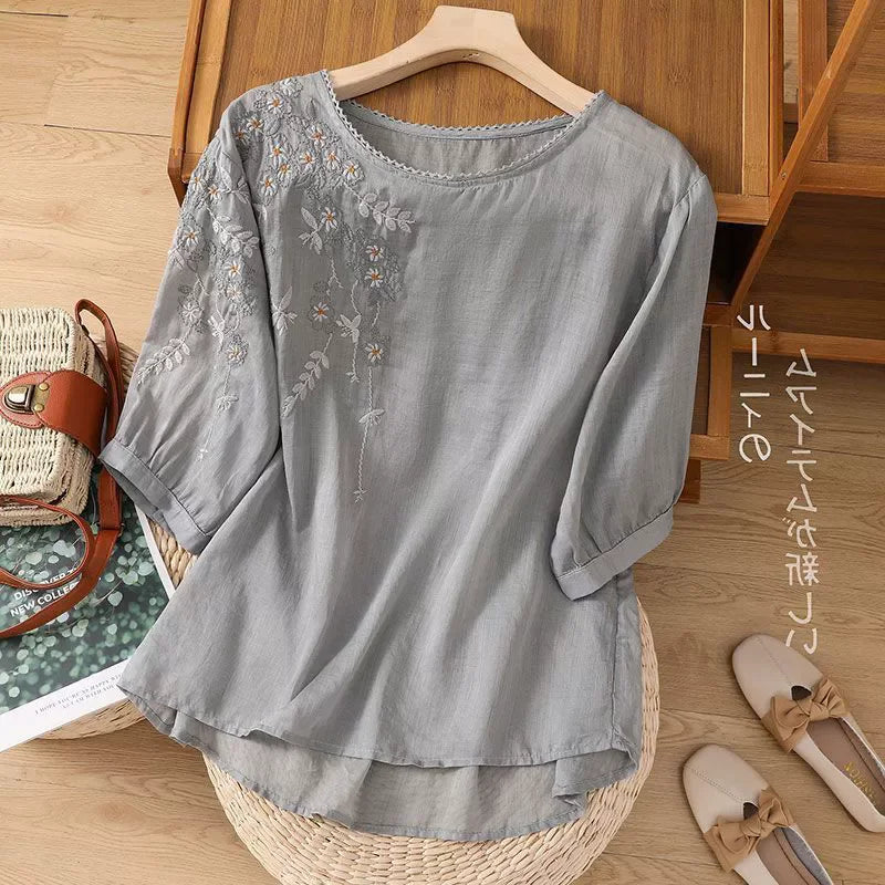 Fashion Thin Cotton Linen Y2k Tops Tee Women Clothing Summer Loose T Shirts Woman Embroidered T-shirt Blusa Casual Ladies tshirt