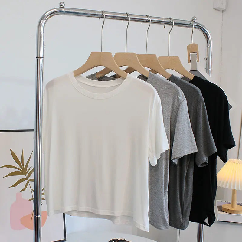 Ultra-Hand Feel Short Modal T-Shirt Women's  Summer 2025 Slimming round Neck Short Sleeve  Color Base Shirt