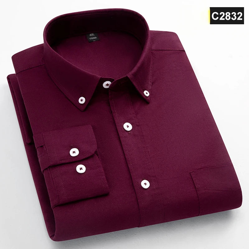 Classic Fit Fashion 100% Cotton Long-Sleeve Shirt for Men Single Pocket Slim Fit Casual Top Soft Oxford Solid Color Office Cloth