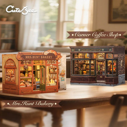 CUTEBEE Book Nook Kit 3D DIY Dollhouse with LED Light Bookshelf Insert Street Shop Series Miniature Model For Home Party Decor