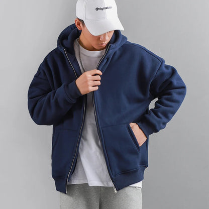 Dukeen Winter Hoodies for Men with Fleece Thicken Warm Zip-Up Hooded Shirt Casual Solid Color Woman Clothing White Black Coat