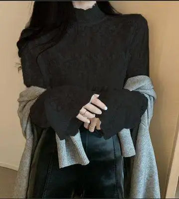 Lace Sleeve Thermal Shirt Women's Fleece Lined Half High Collar Bell Sleeve Inner Wear Netting Warm Top Korean Style Straight...