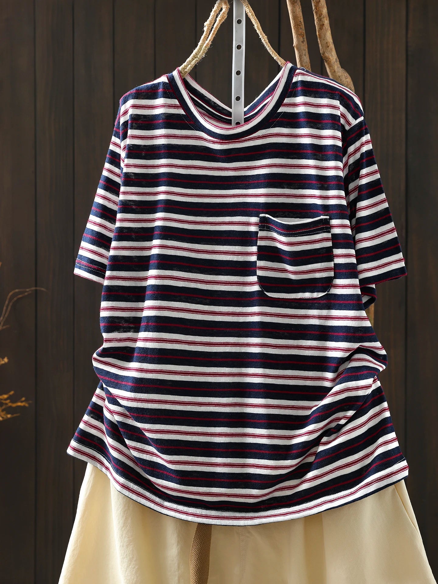 Women Summer Short-sleeve T-shirt 2026 Summer New Stylish Striped Single-pocket Loose T-shirt ZXY154
