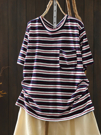 Women Summer Short-sleeve T-shirt 2026 Summer New Stylish Striped Single-pocket Loose T-shirt ZXY154