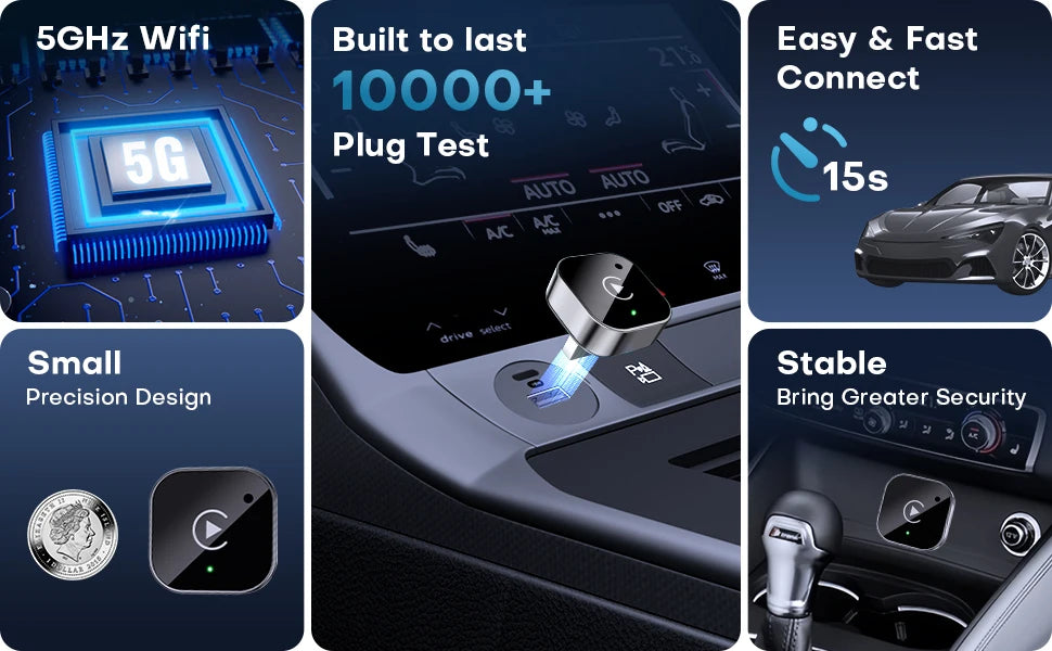 2-in-1 Wireless CarPlay & Android Auto Adapter, Plug & Play CarPlay Dongle Converts Wired to Wireless, Fast Auto-Connect, No Del