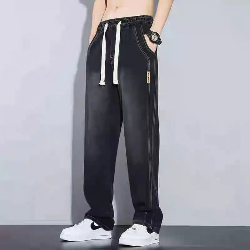 Retro American Wide Leg Men's Jeans Straight Thickened Fleece Loose Autumn Winter Wear Resistant Long Trousers Cotton Elastic...