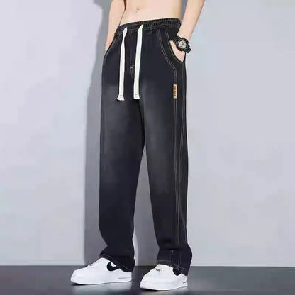 Retro American Wide Leg Men's Jeans Straight Thickened Fleece Loose Autumn Winter Wear Resistant Long Trousers Cotton Elastic...
