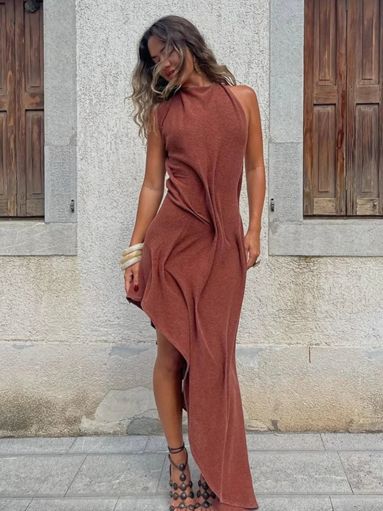 Female Chic Irregular Ruffled Crop Maxi Party Gown 2026 Elegant Luxury Diagonal Hem Dresses Casual Sleeveless Slim Fit Vistidos