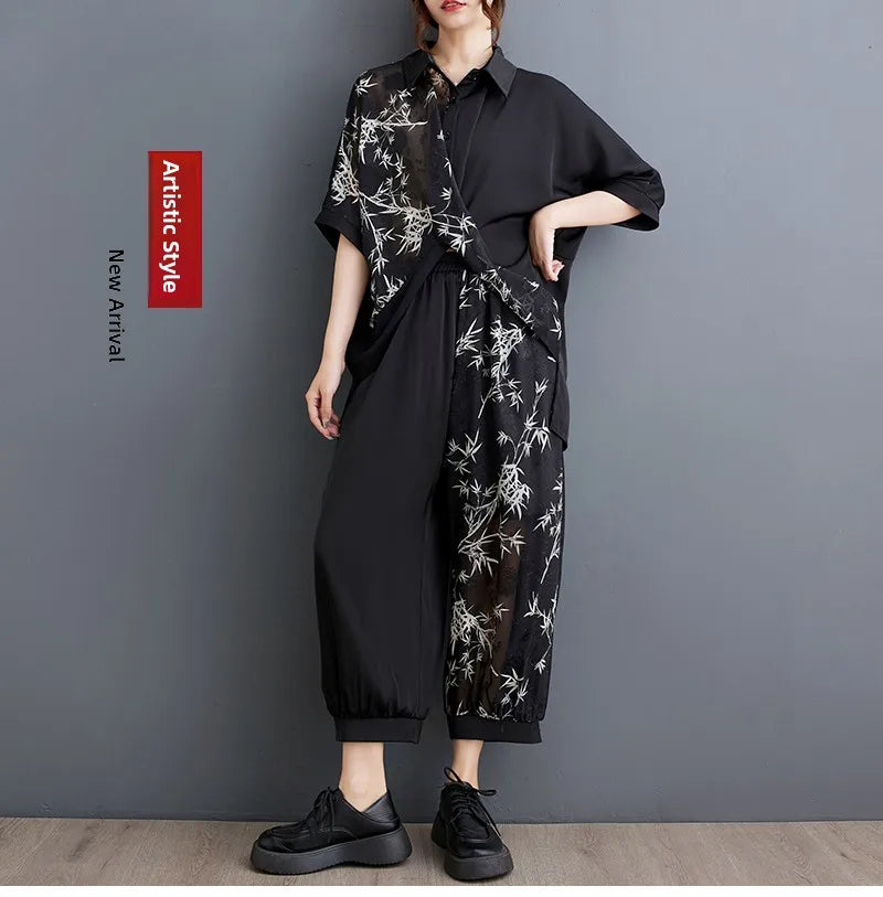 Summer New Loose Artistic Bamboo Print Cross Irregular irt Wide Leg Pants Two Piece Set Good Quali plus Size Faionable
