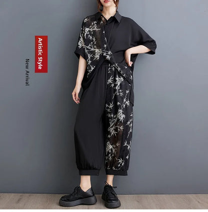 Summer New Loose Artistic Bamboo Print Cross Irregular irt Wide Leg Pants Two Piece Set Good Quali plus Size Faionable