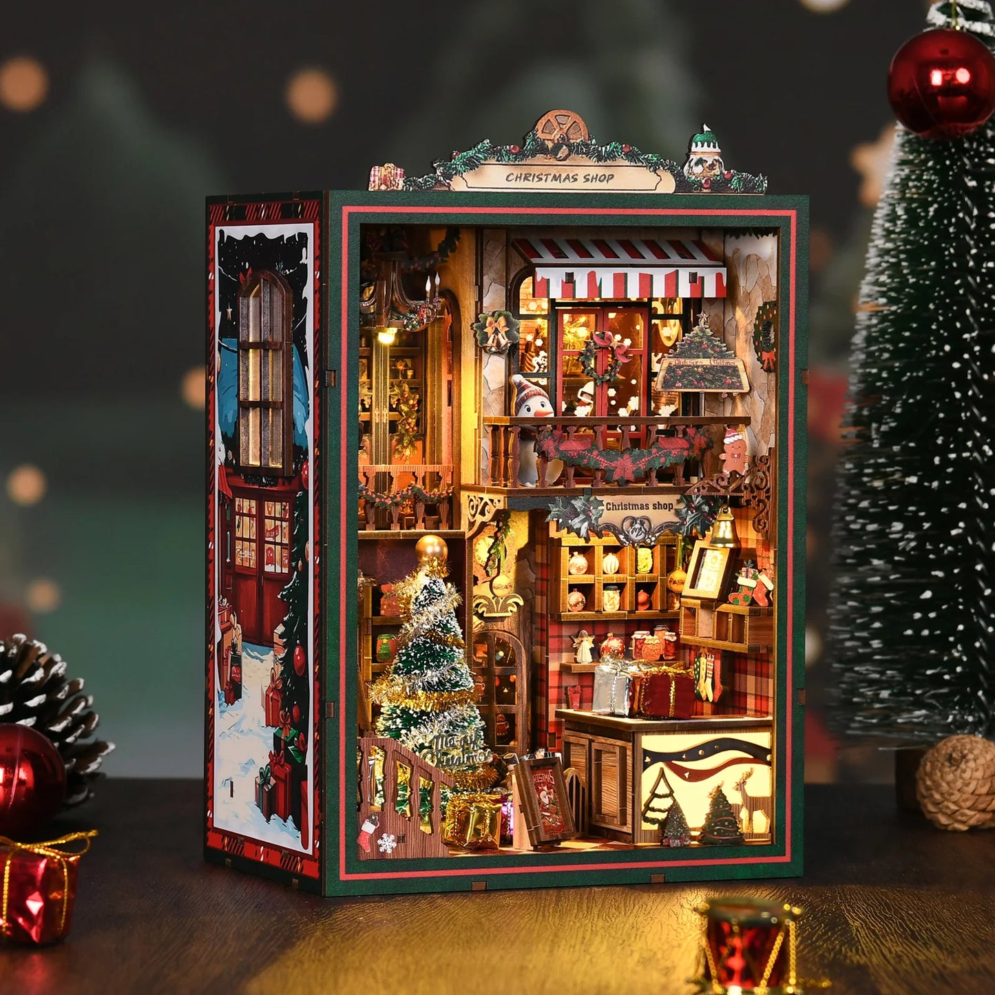 Popular DIY Christmas Book Nook Kit Miniature House with LED Light Wooden Bookshelf Insert Home Decor Holiday Gift